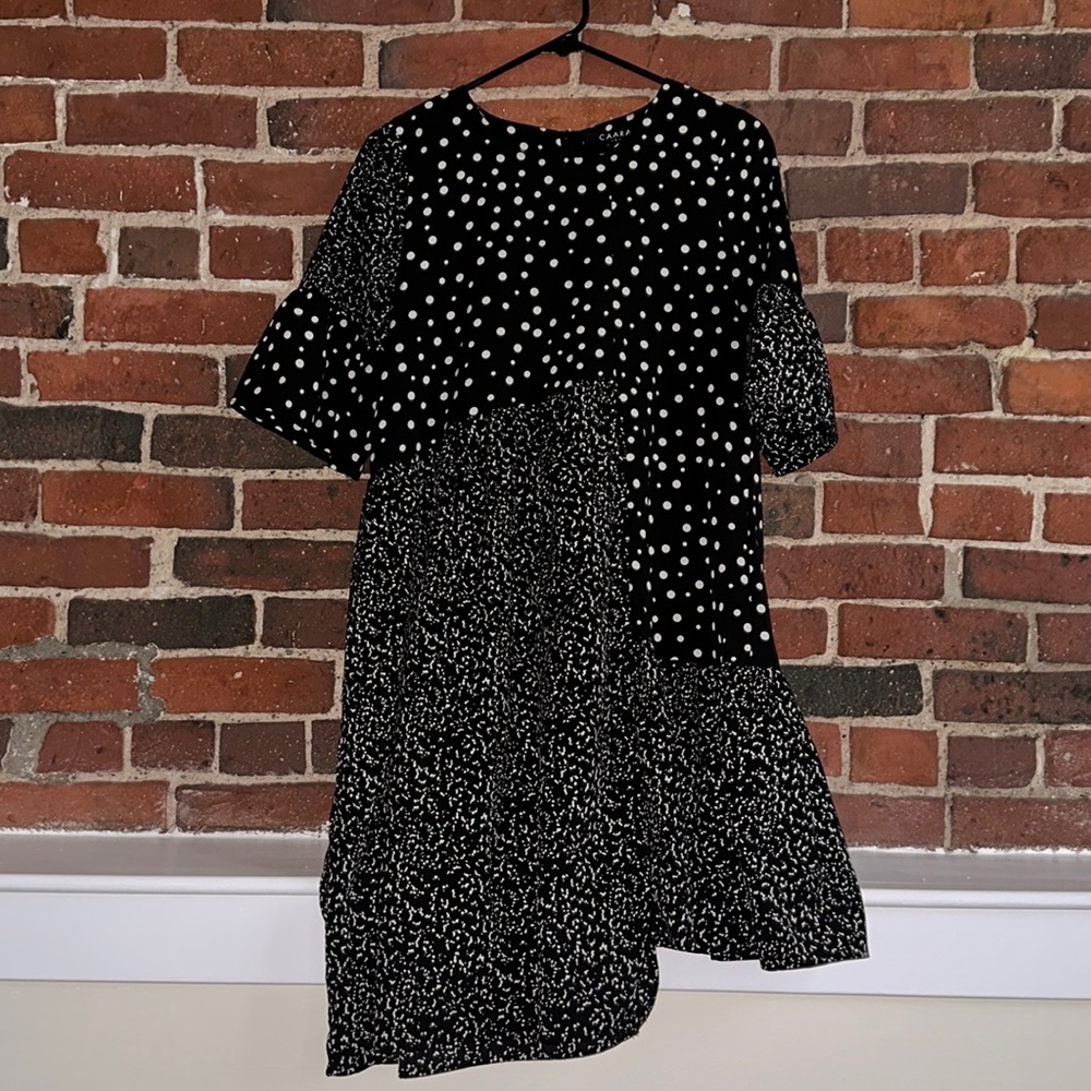 CAARA Millazo Asymmetrical Satin Polka Dot Dress Size S - Black & White Elegance